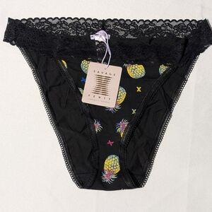 Savage X Fenty Black Lace Bikini Panty with Floral Pineapple Print.